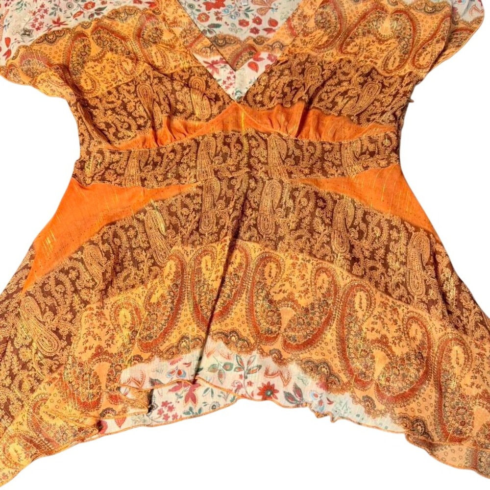 Metro Boho Paisley Peasant Top Orange‎ Brown Floral Size L